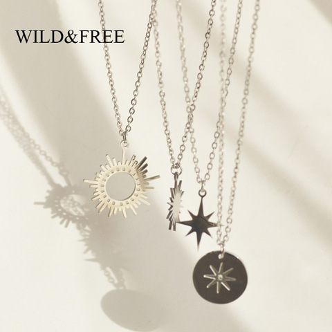 Wild&Free New Fashion Sun & Star Pendant Necklace For Women Stainless Steel Silver Color Simple Round Geometric Charm Necklaces ► Photo 1/6