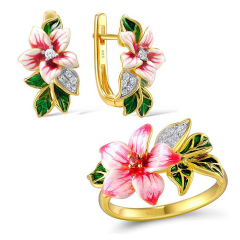 Luxury Yellow Gold Color CZ Enamel Hyperbole Flower Jewelry Sets For Women Elegant Petal Leaf Ring Earrings Wedding Jewelry Set ► Photo 1/6