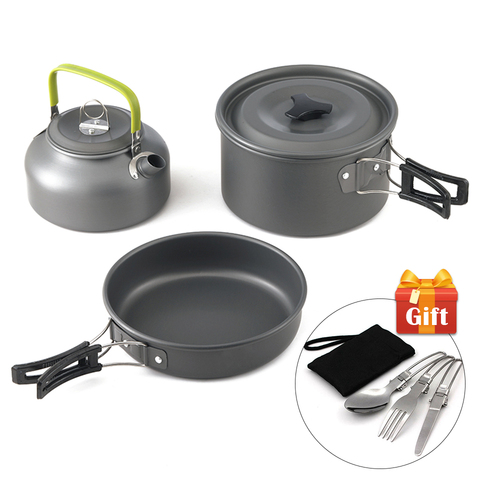 Ultra-light Aluminum Alloy Camping Cookware Utensils Outdoor Cooking Teapot Picnic Tableware Kettle Pot Frying Pan 3pcs/Set ► Photo 1/6