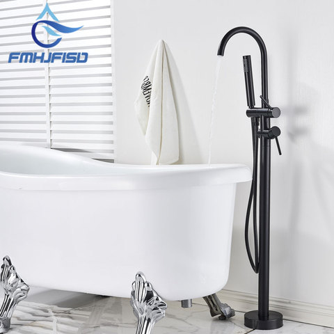Wholesale And Retail Polished Chrome Brass Bathroom Tub Faucet Floor Mounted Tub Filler W/ Hand Shower Swivel Spout Shower ► Photo 1/6