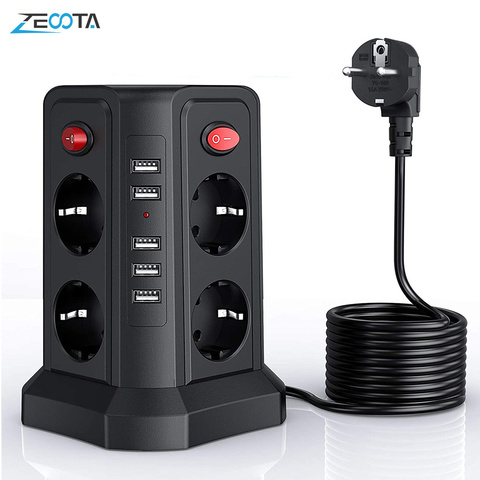 Vertical Power Strip Circuit  Surge Protection EU Plug Electrical USB EU Socket Tower 8 Way DE Outlets 5m/16.4ft Extenstion Cord ► Photo 1/6