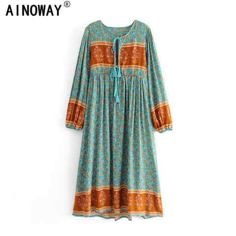 Vintage chic women long sleeve neck tie Ethnic yellow floral print  beach Bohemian maxi dress Ladies rayon Boho dress vestidos ► Photo 1/1