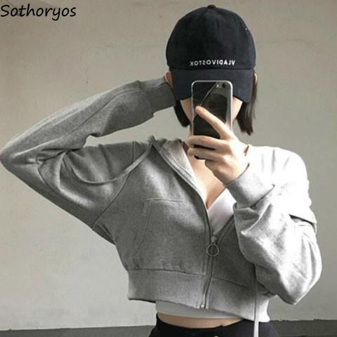 Hoodies Women Hooded Solid Short Style Zipper Slim Harajuku Chic Trendy Simple All-match Thin Long Sleeve Ulzzang New Streetwear ► Photo 1/6