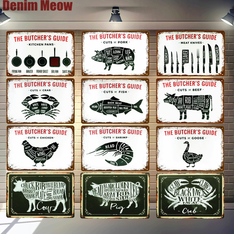 BUTCHER'S GUIDE Vintage Metal Signs Cut Beef Cow Chicken Pork Duck Poster Kitchen Decorative Plates Plaque Wall Stickers N286 ► Photo 1/6