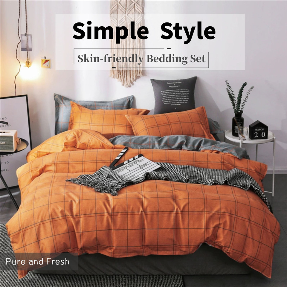 Nordic Geometric Checkered Plaids Orange Grey Bedding Quilt Duvet Cover Set Gift