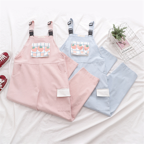 Harajuku Kawaii Strap Pants Women Sweet Plaid Strawberry Print Casual Trousers Female Pink Overalls Girls Cute Vintage Jumpsuit ► Photo 1/6