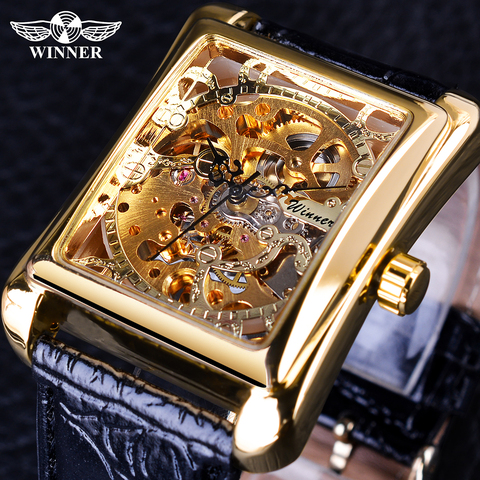 Winner 2017 Retro Casual Series Rectangle Dial Design Golden Pattern Hollow Skeleton Watch Men Watch Top Brand Luxury Mechanical ► Photo 1/6