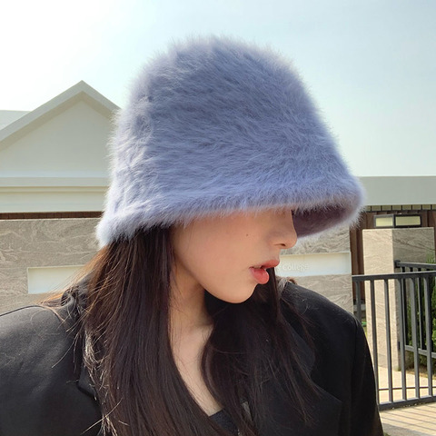 2022 Hat winter women's fashion Solid color rabbit fur hat bucket cap  fisherman's hat retro knitted wool basin Bucket Hat ► Photo 1/6