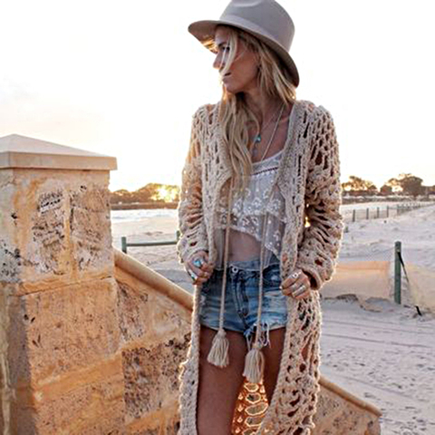 TEELYNN Lace hollow out women cardigans boho sweater long sleeve hand knitted sweater beach wear Tassels winter sweaters outwear ► Photo 1/6