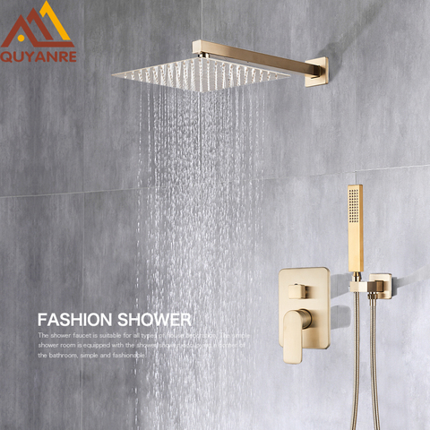 Quyanre Brushed Gold Shower Faucets Set Bathroom Wall Mounted Shower System Embedded Box Shower Mixer Tap Rainfall Shower Faucet ► Photo 1/6