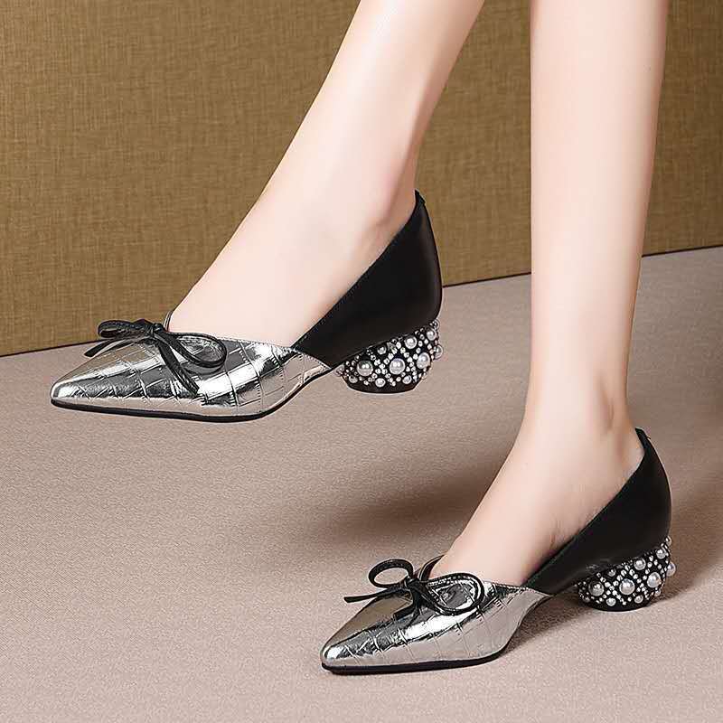 Thick Heel Single Shoes Woman MID Heels Women 2022 Autumn  Work Shoe Female Footware Soft Leather Bowtie Pointed Toes SILVER ► Photo 1/6