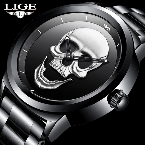 2022 Cool Punk 3D Skull Men Watch Brand LIGE Luxury Steel Quartz Men Watches Waterproof Retro Fashion Gold Black Clock Relogio ► Photo 1/6