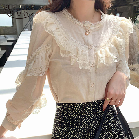 Cheap Ruffles Lace Women Blouse Elegant White Woman Shirt Stand