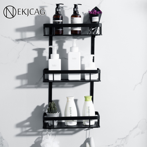 Free shipping Bathroom shelf triple tier wall-mounted perforated Toilet storage rack black toilet vanity shower room rack ► Photo 1/6