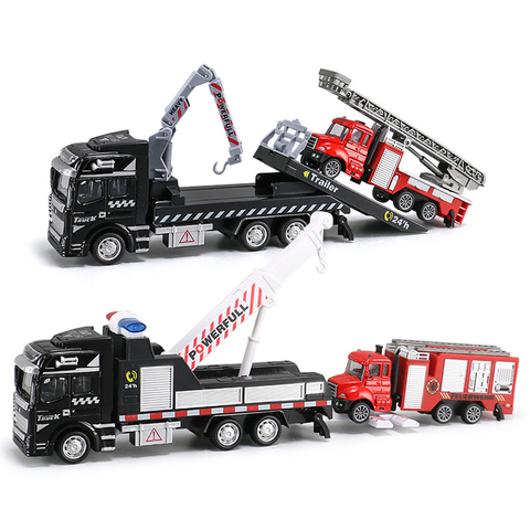 19CM Crane Trailer Tow Fire Rescue Truck Toys Pull Back Alloy Diecasts & Toys Vehicles Ladder Spray Water Car Toy for Kids Y193 ► Photo 1/6