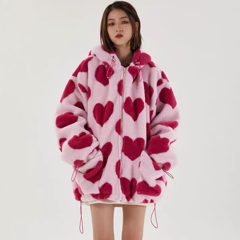 LACIBLE Parka Flannel Sherpa Jacket Coat Women Streetwear Heart Print Love Shape Print Zipper Hooded Jacket Winter Harajuku Coat ► Photo 1/6