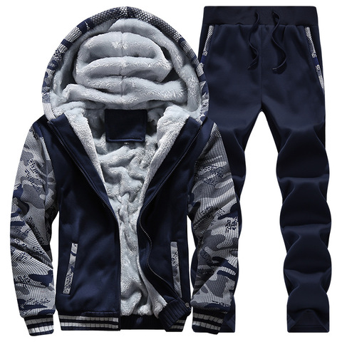 Tracksuit Men Sporting Fleece Thick Hooded Men Jacket+Pant Warm Fur Inside Winter Sweatshirt  Men's Clothing Set Plus Size M-4XL ► Photo 1/6