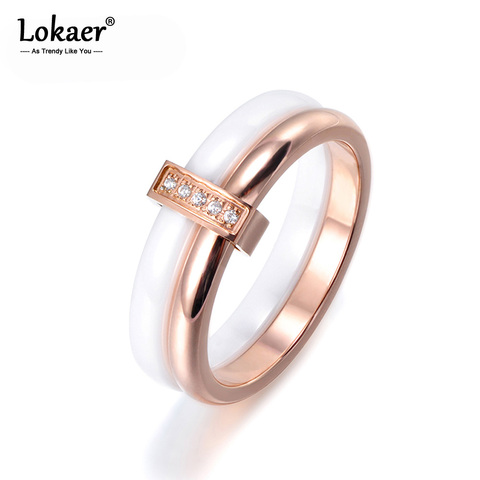 Lokaer Original Titanium Stainless Steel Anniversary Rings Mosaic CZ Crystal White Ceramic Wedding Rings For Women Girls R17047 ► Photo 1/6