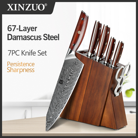 XINZUO 7 PCS Kitchen Knives Sets Damascus Steel Chef Knife Sets Stainless Steel Kitchen Scissors  Acacia Wood Knife Block Holder ► Photo 1/6