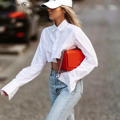 Mnealways18 Streetwear White Cropped Blouse Women Long Sleeve Cotton Shirt Turn Down Collar Spring Casual Tops Button Irregular ► Photo 1/6