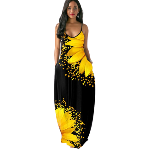 Sunflower Print Long Maxi Dress Sleeveless Women Summer Sexy V-Neck Black Strappy Dress Open Back 3XL 4XL 5XL vestido de verano ► Photo 1/6