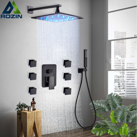 Black Bronze LED Shower Set Wall Mounted Rainfall Shower Faucet Mixer 6pc Body Massage Jet Bathroom Shower Tap with Handshower ► Photo 1/6