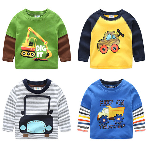 2022 Spring Autumn For 2-9 10 Years Children Cotton Striped Patchwork Cartoon Car Bus Truck Baby Kids Boys Long Sleeve T Shirts ► Photo 1/6