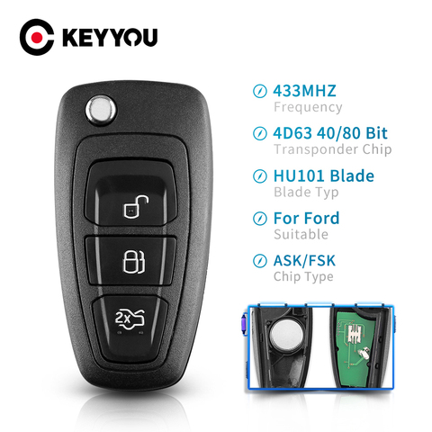 KEYYOU Remote ASK/FSK 3 Buttons Flip Remote Car Key Fob For Ford Focus Mondeo C-Max S-Max Fiesta 2013+ HU101 434Mhz 4D63 Chip ► Photo 1/6