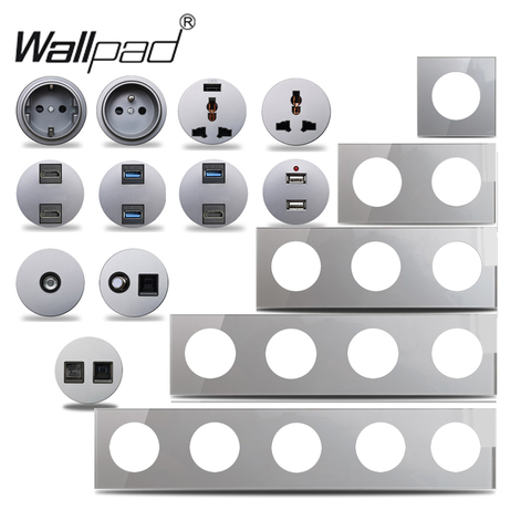 Wallpad L6 Grey Cristal Glass EU French Power Wall Socket USB Charger Data CAT6 HDMI TV  Universal Outlet Modules Combination ► Photo 1/6