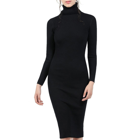 Women Autumn Winter Knitted Sweater Dresses Slim Elastic Turtleneck Long Sleeve Sexy Lady Bodycon Dresses ► Photo 1/6