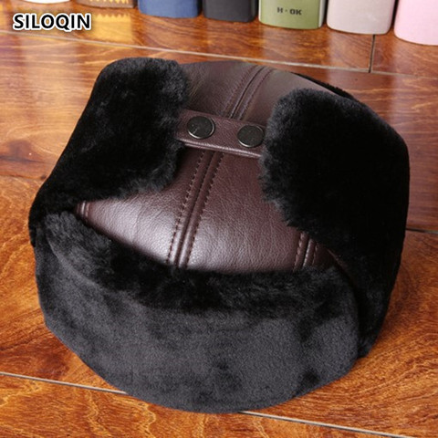 SILOQIN Dad's Hat Genuine Leather Hat Middle-aged Elderly Man First Layer Cowhide Bomber Hats Thicken Velvet Earmuffs Winter Hat ► Photo 1/6