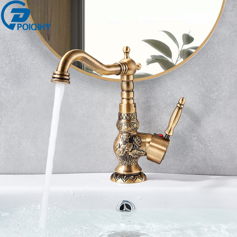 Basin Faucets Antique Brass Faucet Basin Carving Tap Rotate Single Handle Tap  Mixer Taps Bathroom ► Photo 1/6