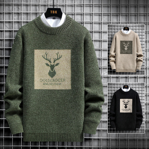 2022 Vintage Sweaters Oversized Mens Knitted Sweater Men  deer print Pullover Hip Hop Harajuku  White Sweater Men ► Photo 1/6