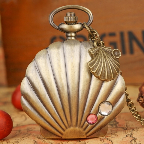 New Fashion Mermaid Shell Pocket Watch Unique Glossy Metal Scallop Case Crystal Pendant Necklace Superb Clock + Shell Accessory ► Photo 1/6