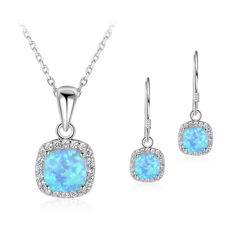 Luxury Zircon Blue Imitation Fire Opal Pendant Necklace With Earrings Jewelry Set For Women Accessories Bridal Wedding Love Gift ► Photo 1/6