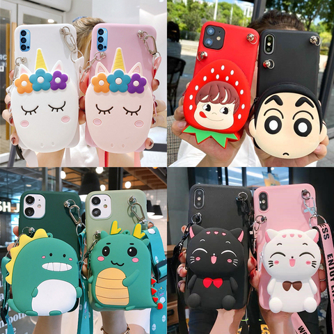 HOT Cartoon Animal Coin Wallet Bag Case for iPhone X XR XS Max 11 12Pro 7 8 Plus 6 6S 5 5s SE 2022 Soft Phone Cover With Lanyard ► Photo 1/6