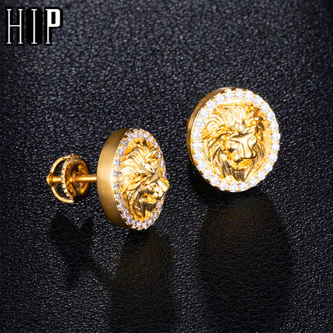 Hip HOP 1Pair Zircon Micro Paved Lion Iced Out Rhinestone CZ Stone Round Bling Stud Earring Copper Earrings For Men Jewelry ► Photo 1/6