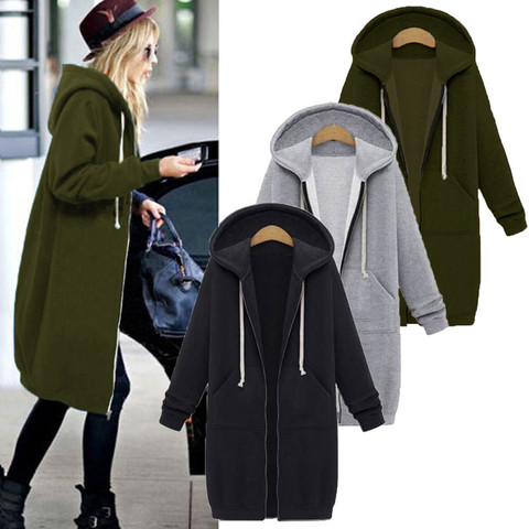 Autumn Women Long Hoodies Sweatshirt Coat 2022 Zip Up Outerwears Hooded Long Jacket Winter Casual Pockets Plus Size Outwear Tops ► Photo 1/6