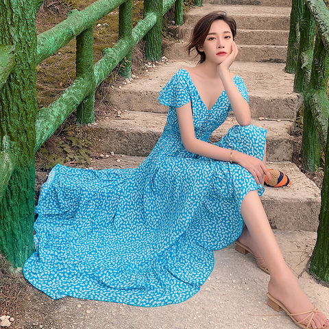 Floral Print Blue Women Backless Maxi Dress Summer Long Bohemian Korean Runway 2022 Party Dress Tropical Beach Vacation Sundress ► Photo 1/6