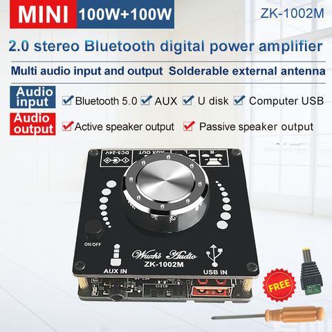 ZK-1002M 100W+100W Bluetooth 5.0 Power Audio Amplifier board Stereo AMP Amplificador Home Theater AUX USB ► Photo 1/5