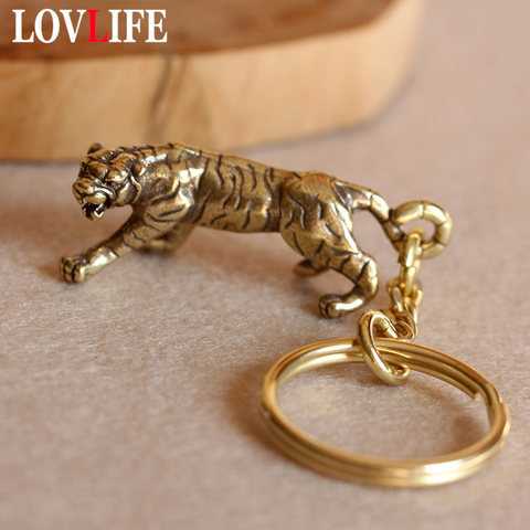 Brass Zodiac Tiger Animal Keychain Copper Shouting Beast Car Keyring Handmade Craft Bronze Forest King Bag Hanging Pendant Gifts ► Photo 1/6