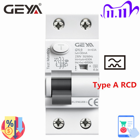 GEYA GYL9 A Type RCCB Residual Current Circuit Breaker AC ELCB 2 Pole 40A 63A 30mA 100mA 300mA RCD ELCB ► Photo 1/6