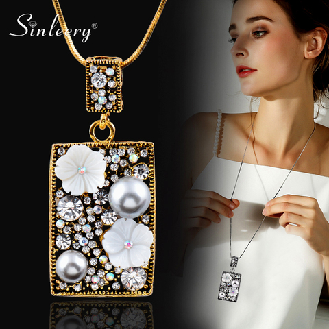 SINLEERY Retro White Shell Flower Grey Simulated Pearl Square Long Necklace Pendant Women Jewelry Accessories 304 SSF ► Photo 1/6