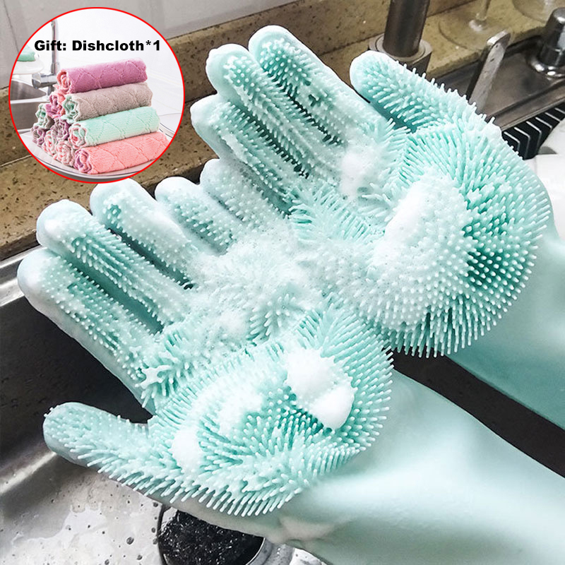 1 Pair Dish Washing Gloves Magic Silicone Dishes Cleaning Gloves With brush 