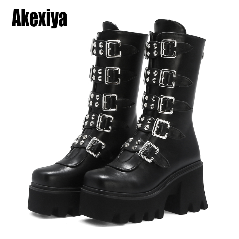 Womens Goth Punk Knee High Boots Lace Up Platform Military Boots Creeper Shoes 