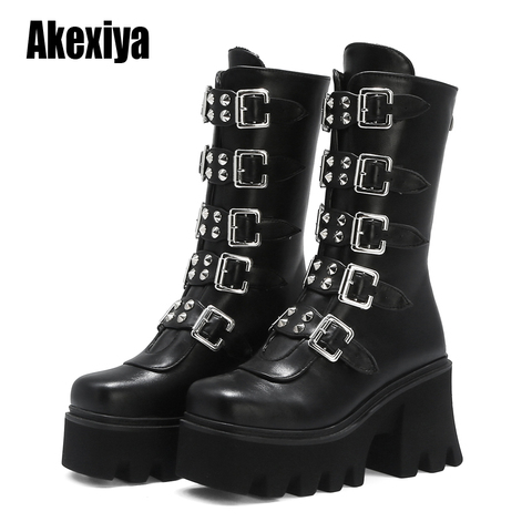 Winter Gothic Punk Womens Platform Boots Black Buckle Strap zipper Creeper Wedges Shoes Mid Calf Military Combat Boots u542 ► Photo 1/6