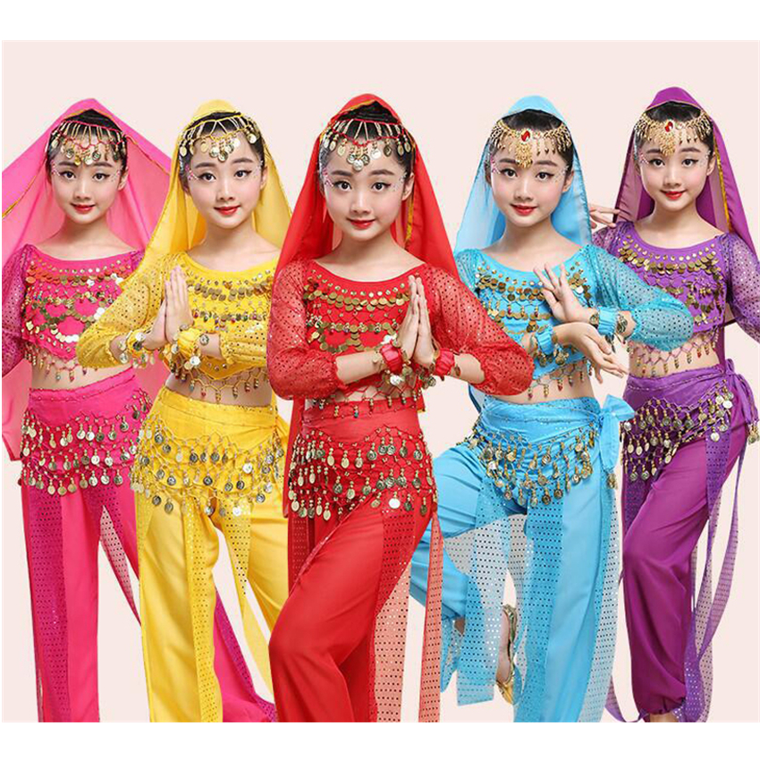 3 Colors Kids Girls Belly Dance Costume Short Sleeve Top and Sequins Skirt 