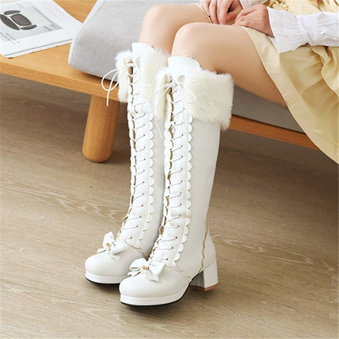 PXELENA Hot Plus Size 34-43 Women Wedding Shoes White Pink Fur Bowtie Ruffles Princess Uniform Lolita Cosplay JK Knee High Boots ► Photo 1/6