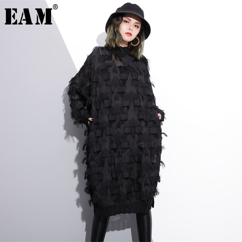 [EAM] 2022 New Spring Autumn Stand Collar Long Sleeve Perspective Black Loose Tassels Big Size Dress Women Fashion Tide JI780 ► Photo 1/6