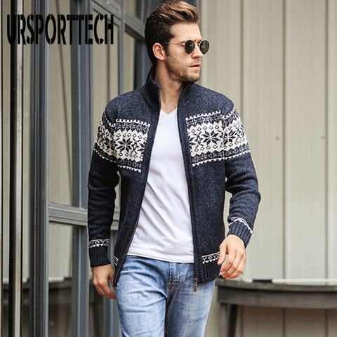 URSPORTTECH Autumn Winter Men's Jacquard Cardigan Sweater Stand Collar Loose Slim Fit Sweater Coat Plus Size Mens Casual Sweater ► Photo 1/6